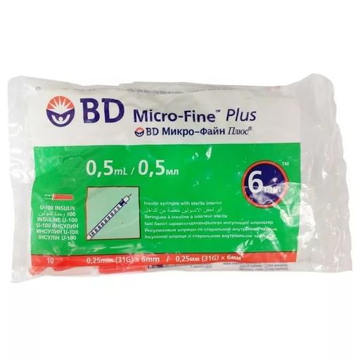 Шприц инсулиновый с несъемной иглой BD Micro-Fine Plus U-100, 0.5 мл, диаметр иглы 31G, 10 шт.