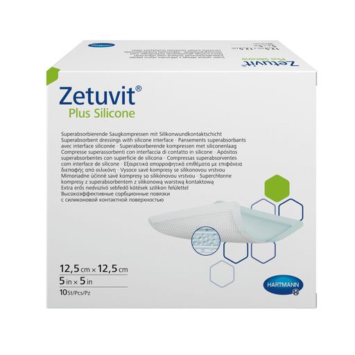 Zetuvit Plus Silicone Повязка суперабсорбирующая, 12,5 х 12,5 см, повязка стерильная, с контактным слоем из силикона, 10 шт.