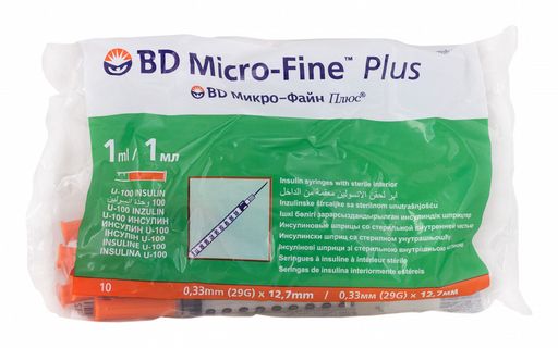 BD Микро-Файн Плюс Шприц инсулиновый 100МЕ/1мл, с интегрированной иглой 29G 0.33х12,7 мм, 1 мл, 10 шт.